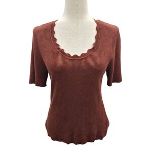 Marled Womens Rust Brown Ribbed Knit Scalloped Scoopneck Short Sleeve Top Size M